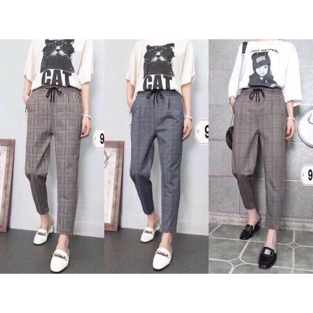 Quần baggy kẻ ống cao thấp