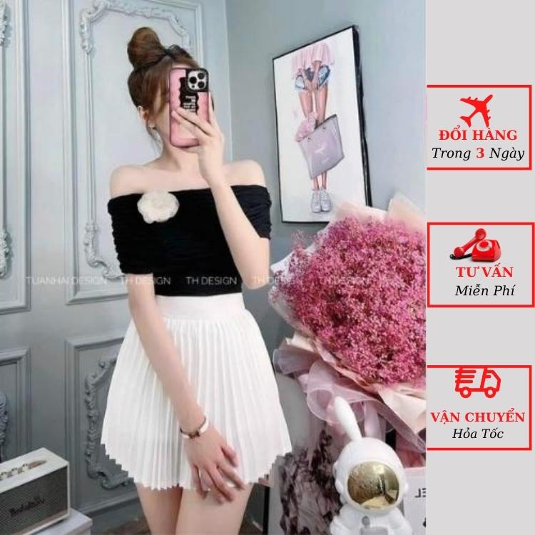 Áo trễ vai nữ xốp nhăn đính hoa tiểu thư bánh bèo cao cấp ulzzang Hàn Quốc