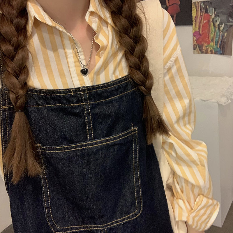 Đầm Yếm Denim Dáng Dài Rộng Phong Cách Retro Hàn Quốc Thời Trang Mùa Thu Mới Màu Xanh Đậm Chất Đẹp Loại 1