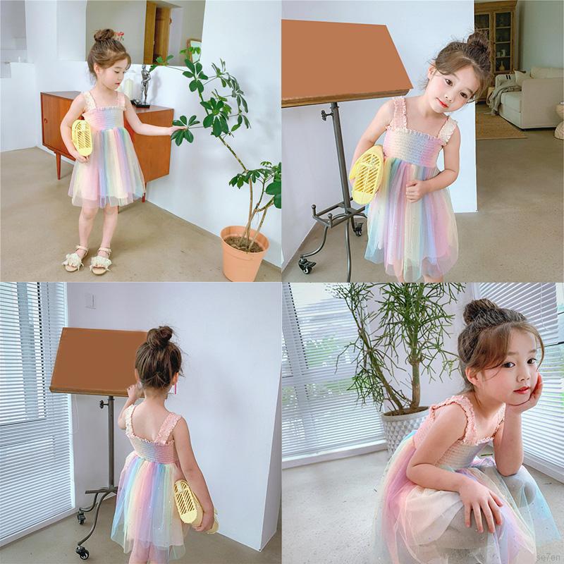 Đầm Công Chúa Dây Đeo Màu Cầu Vồng Cho Bé Gái 3-9 Tuổi