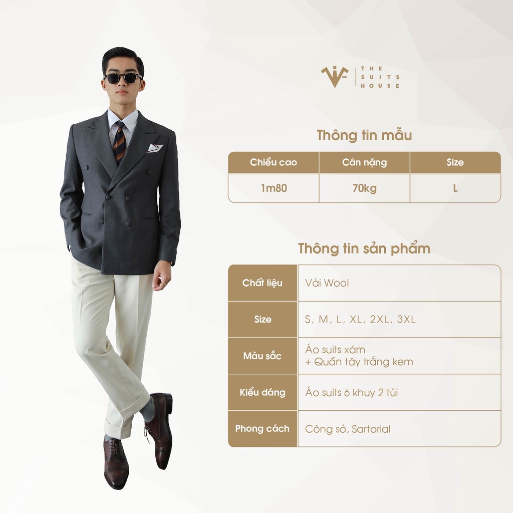 Bộ vest nam xám phối trắng kem 2 túi 6 khuy, suits sartorial chất cotton pha poly The Suits House