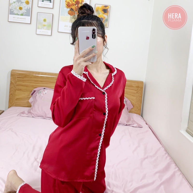 Đồ Bộ Cát Hàn, Đồ Pijama Lụa Ngọc Trai Cao Cấp Áo Dài Tay Phối Ren - Hera Pijama
