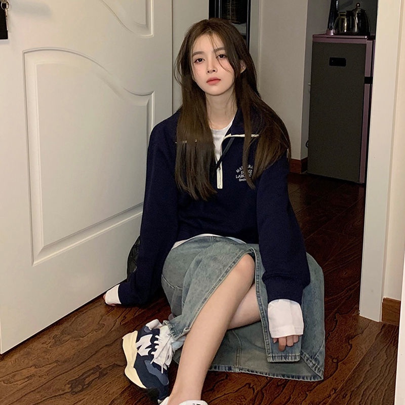 Áo Sweater cổ POLO dáng rộng thêu họa tiết phối khóa kéo nửa thời trang mùa thu phong cách Hàn Quốc mới cho nữ