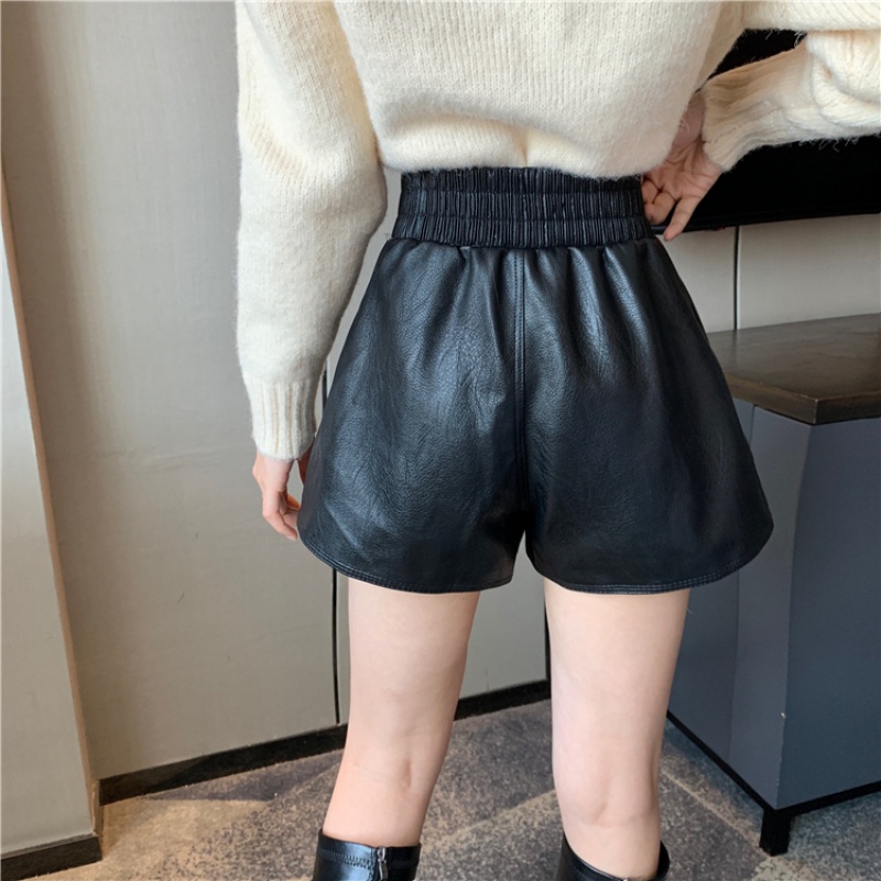 Quần đùi bằng da pu lưng cao ống rộng thời trang cho nữ