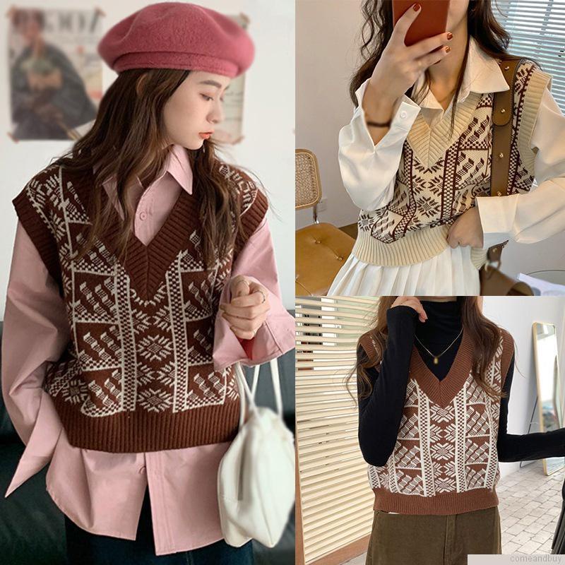 Áo dệt kim sát nách cổ chữ v phối màu tương phản phong cách retro cho nữ
 | BigBuy360 - bigbuy360.vn