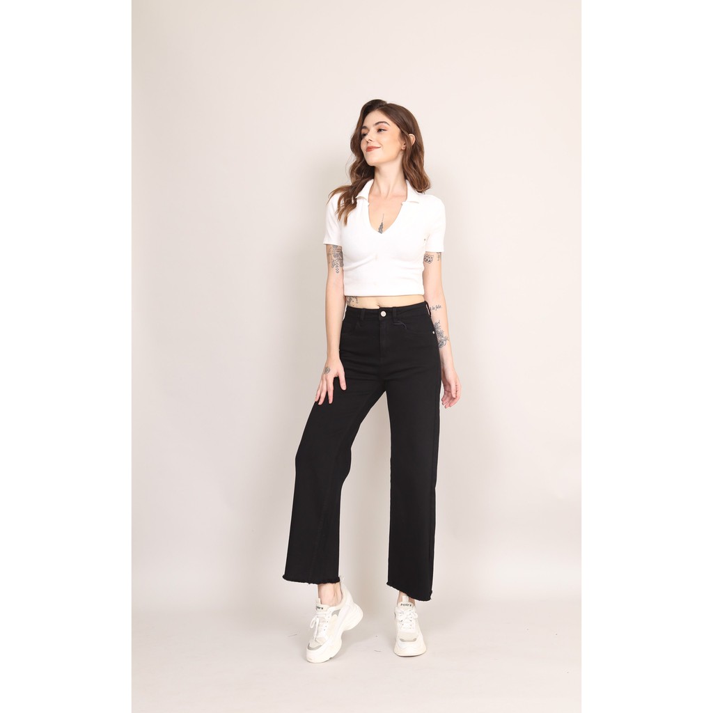 Quần Jean Nữ Ống Rộng lưng cao co giãn Đen Trắng Trơn Gấu Thường CT JEANS