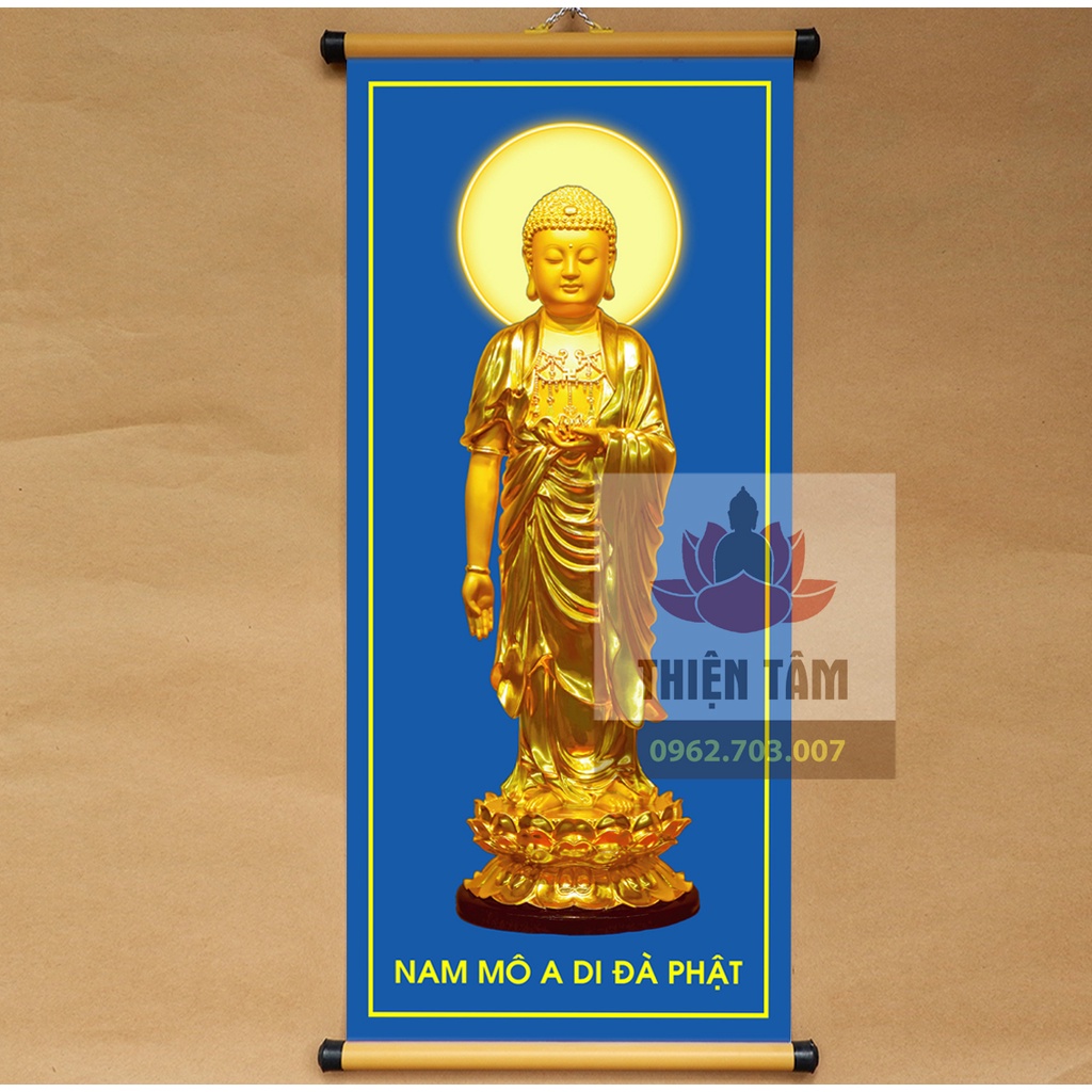Tranh Phật A Di Đà khổ lớn bằng vải phủ bóng cao cấp dày dặn