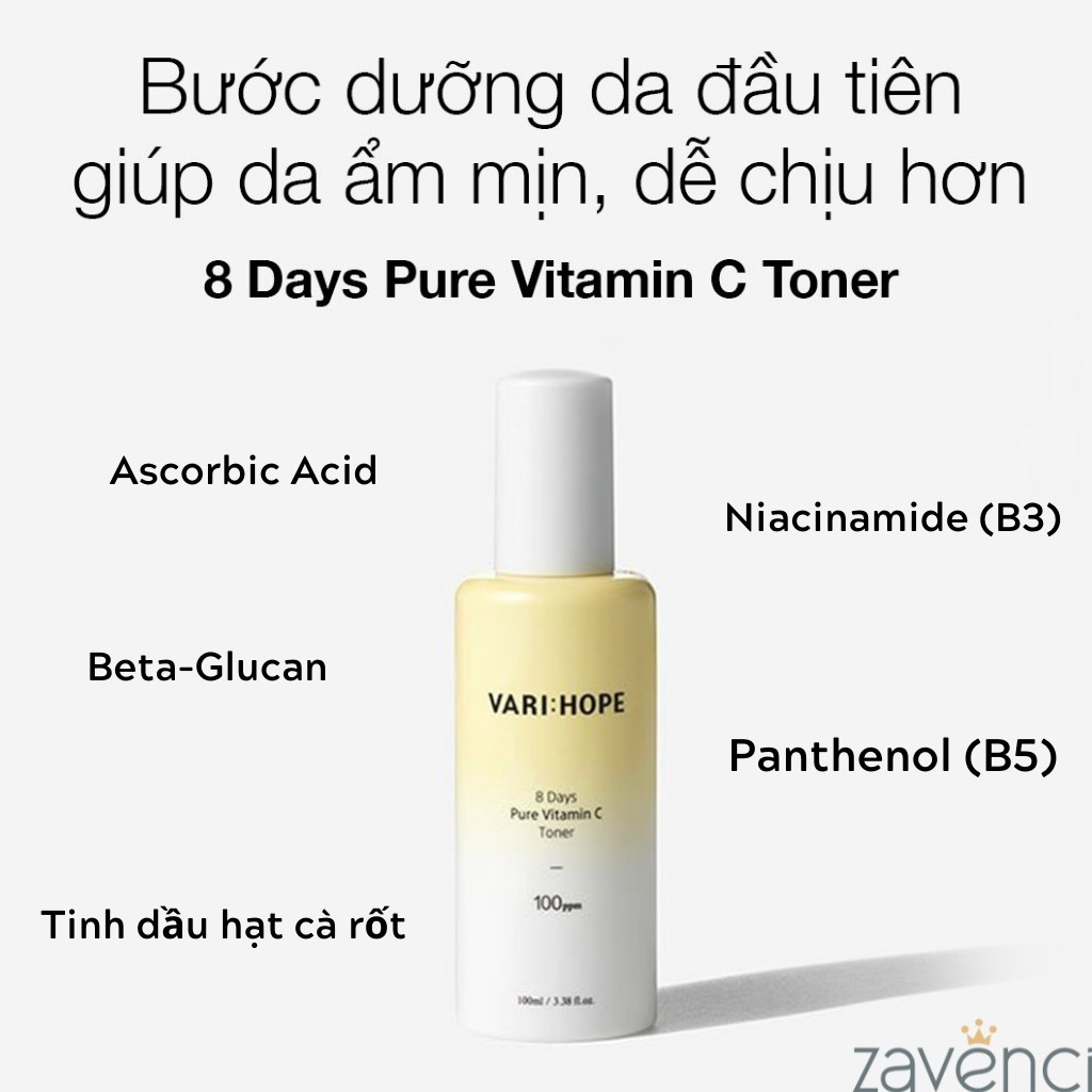 Nước Hoa Hồng VARI HOPE Nước Cân Bằng Làm Sáng Da Cấp Ẩm Vari:Hope 8 Days Pure Vitamin C Toner (100ml)