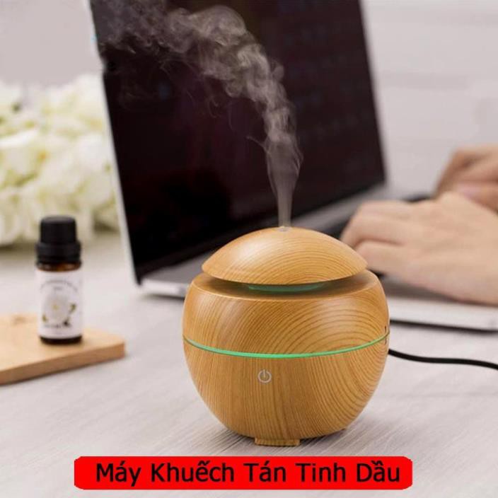 Máy phun sương tạo độ ẩm, khuếch tán tinh dầu vân gỗ hình cầu- Tặng kèm tinh dầu xông phòng thiên nhiên