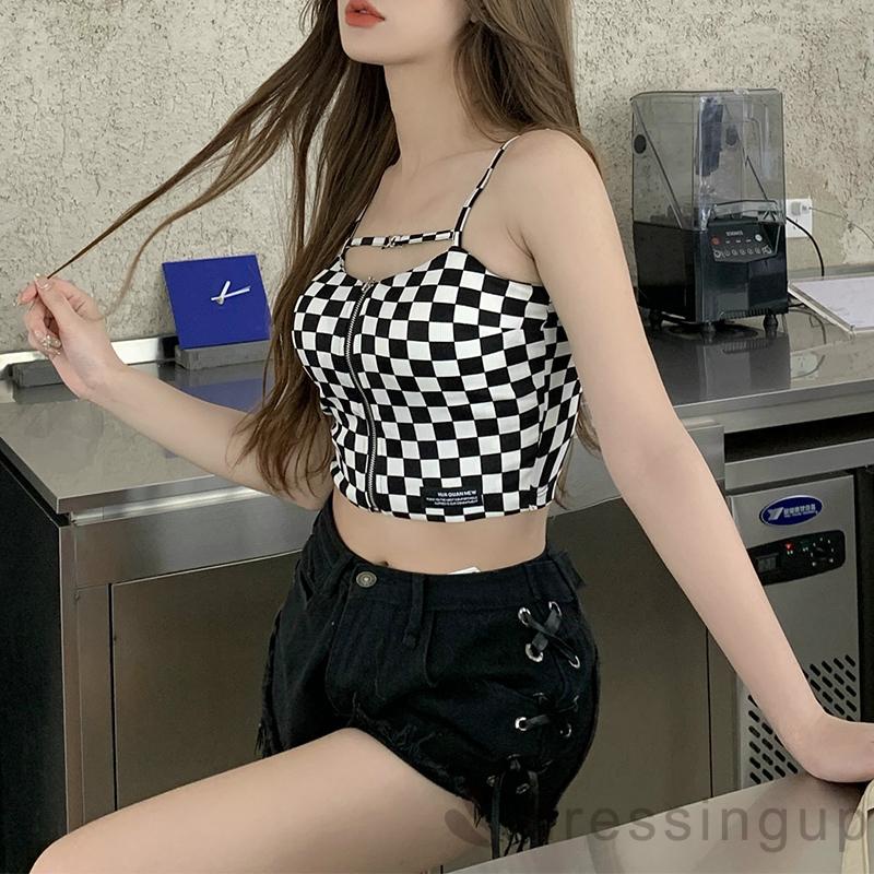 Áo Hai Dây Họa Tiết Kẻ Ô Vuông Thời Trang Cho Nữ