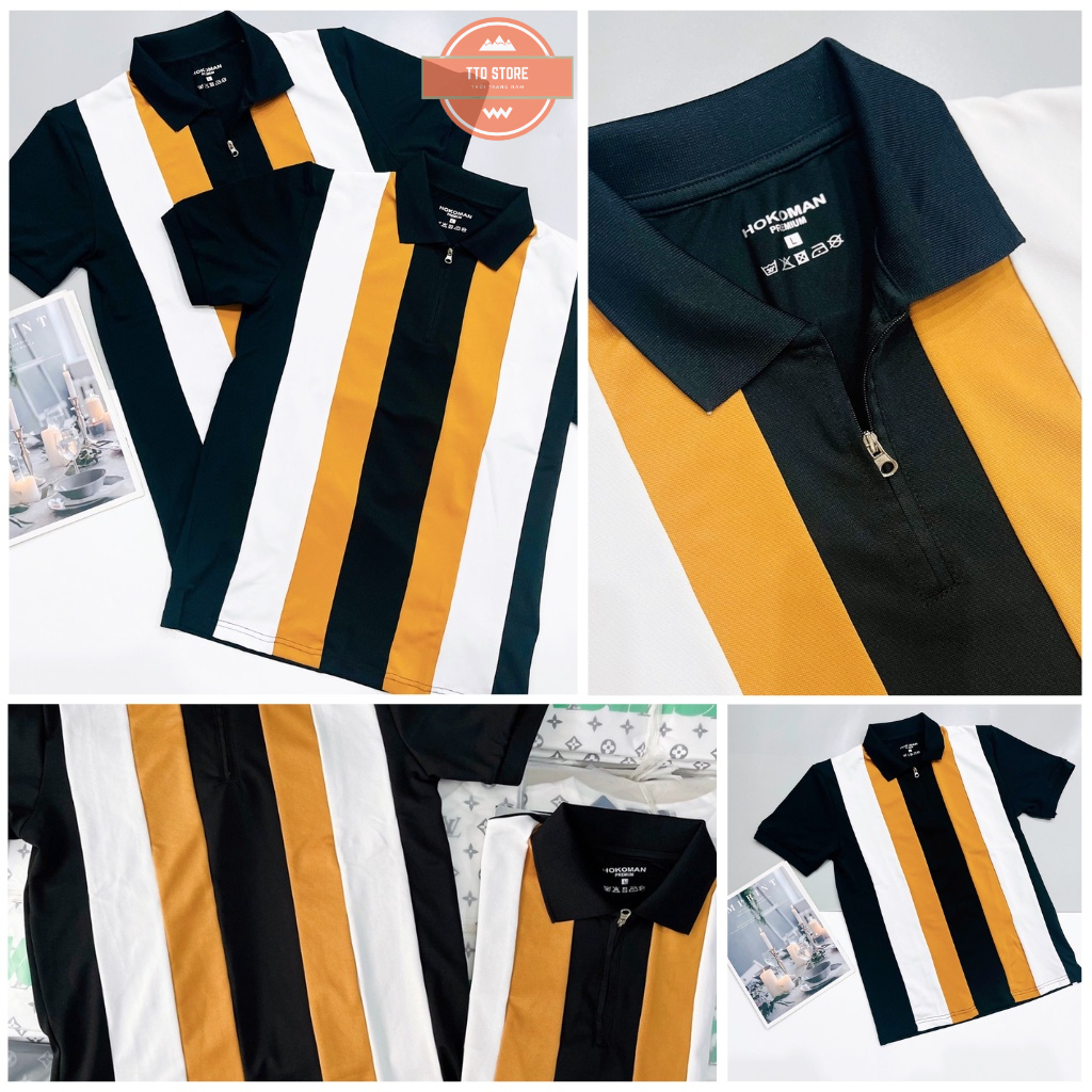 Áo thun polo nam cao cấp tay ngắn phối cổ kéo khóa, sọc dọc cam trắng, chất vải poly da cá sấu nam tính lịch lãm