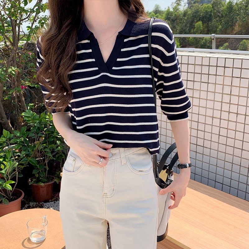 Áo Thun Polo Ngắn Tay Form Rộng Họa Tiết Sọc Ngang Thời Trang Dành Cho Nữ