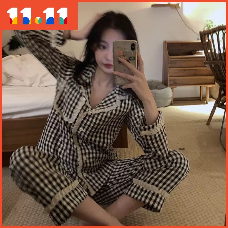 Bộ đồ ngủ tay dài họa tiết sọc caro đơn giản phong cách Hàn Quốc thời trang xuân thu dành cho nữ