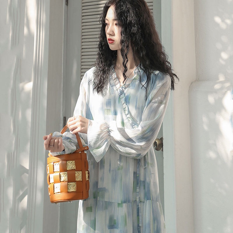 Đầm Tay Dài Sọc Ca Rô Phong Cách Hàn Quốc Trẻ Trung Nhẹ Nhàng Cho Nữ