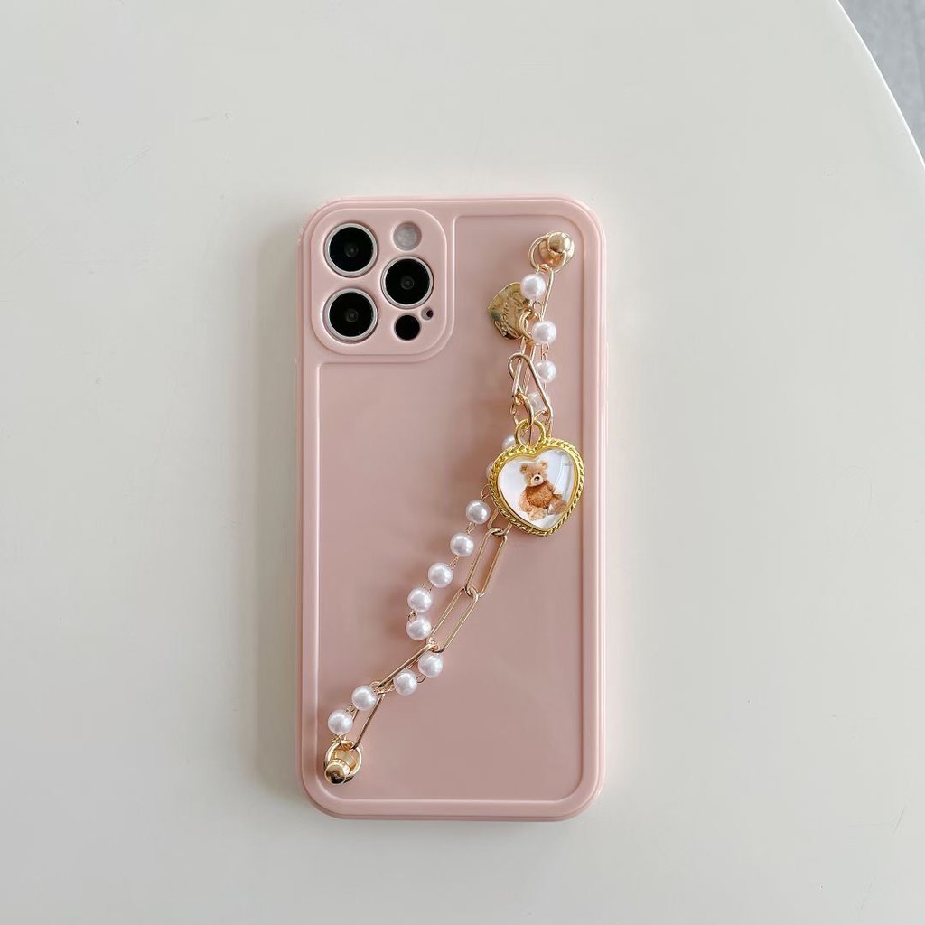 Ốp Điện Thoại Màu Be/Hồng Đính Ngọc Trai Có Dây Đeo Hình Gấu Dễ Thương Cho Iphone 12 X 11PRO MAX 12 PRO MAX