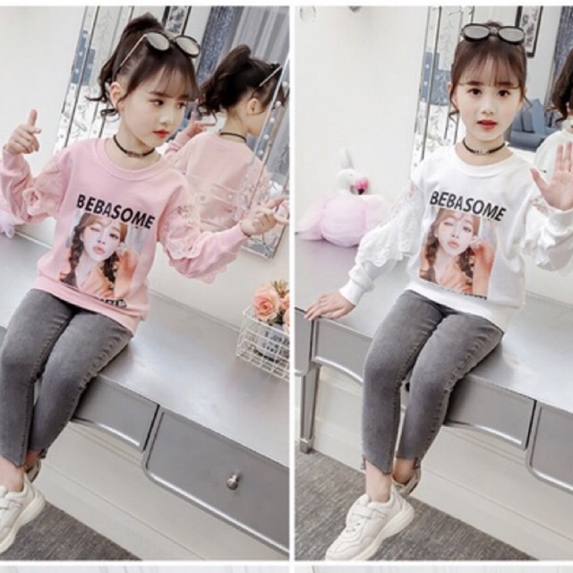 Áo thu đông bé gái lớn họa tiết hình cô gái phối tay ren siêu xinh