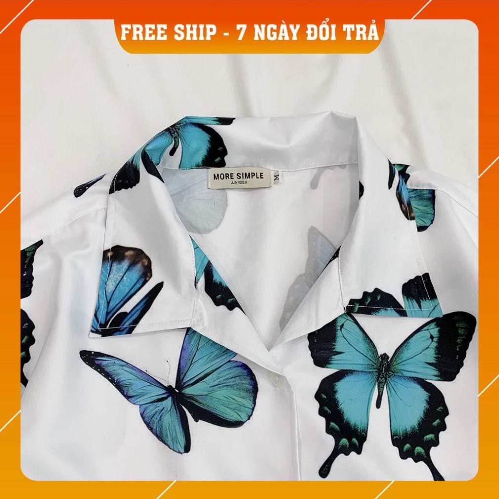 Áo Sơ Mi Tay Lỡ In Họa Tiết Bướm Xanh V1 Unisex (Trắng/Đen) | BigBuy360 - bigbuy360.vn