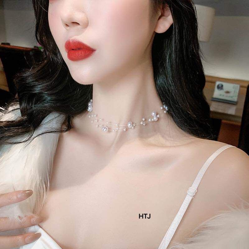 Vòng cổ choker tết sợi rối hạt ngọc khóa bạc 925