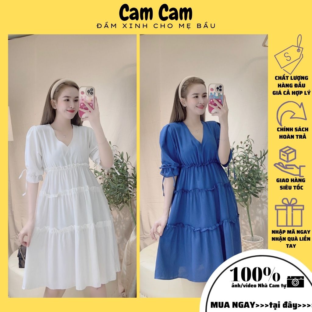 Váy bầu - Đầm bầu Công sở (chất lụa hàn) nhấn eo, cách tầng, tay phồng 2 màu trắng, xanh cực xinh