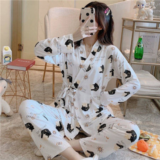 Bộ Đồ Ngủ Kimono Tay Dài Dáng Rộng Bằng Vải Cotton Phong Cách Nhật Bản Dễ Thương Dành Cho Nữ
