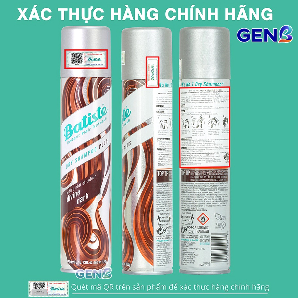 Dầu Gội Đầu Khô Batiste Dry Shampoo 50ml/200ml CHÍNH HÃNG-Dầu Gội Khô Dạng Xịt Phồng Tóc Hết Bết Tóc Cho Nữ/Nam GENB