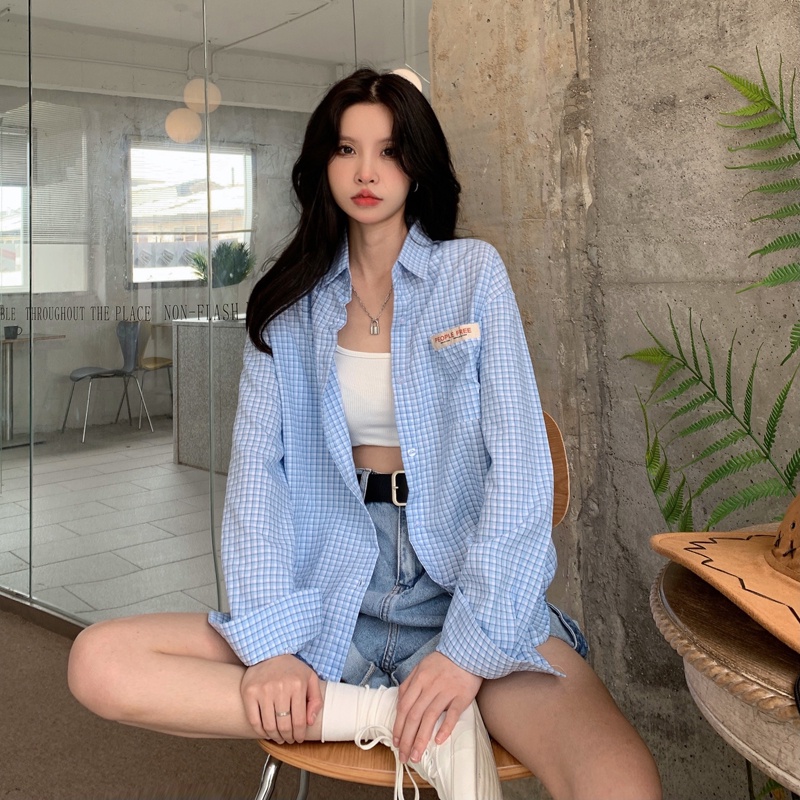 【ZHELIHANGFEI】Áo Sơ Mi Caro Tay Dài Dáng Rộng Thời Trang Cho Nữ