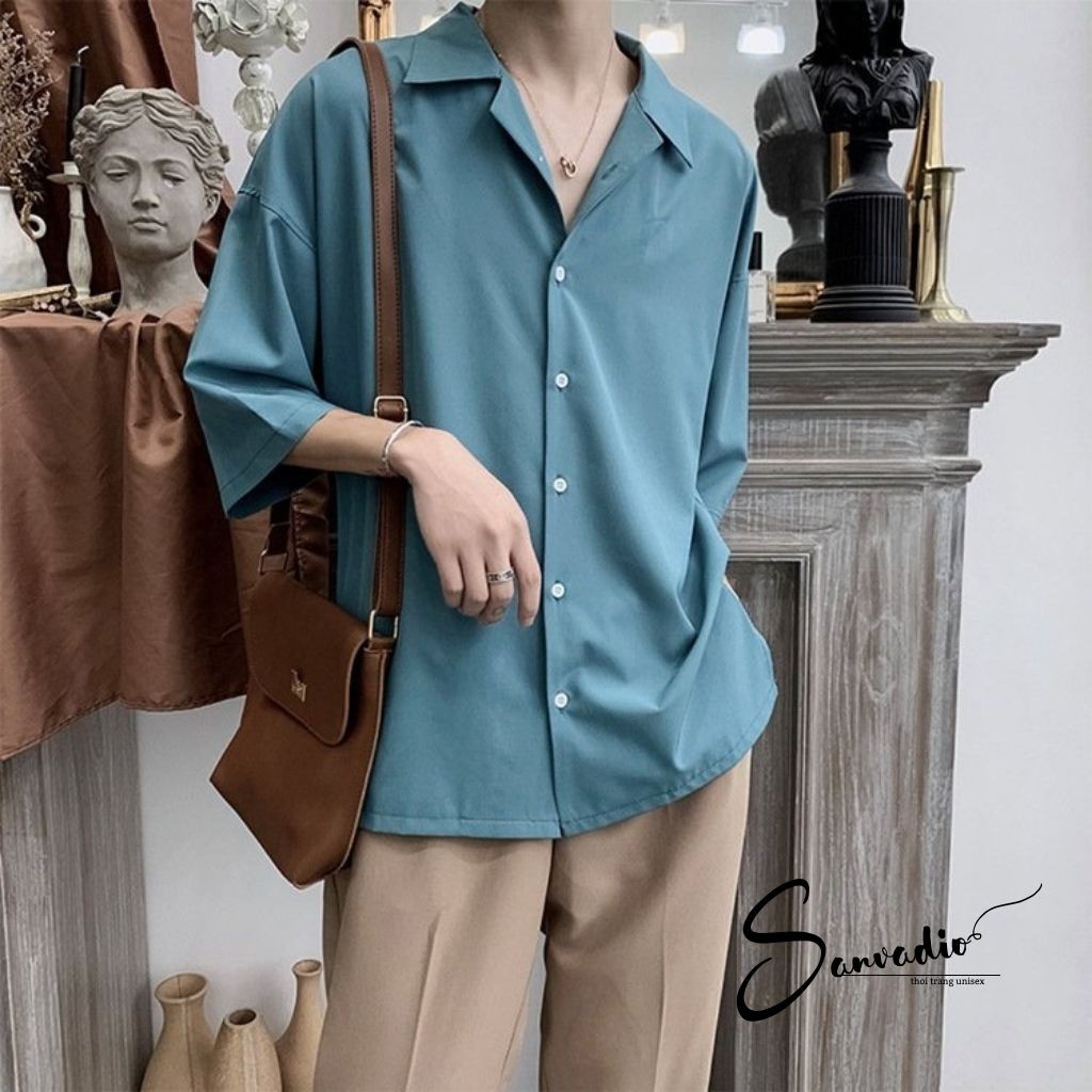 Áo sơ mi nam nữ tay ngắn  Sanvadio cổ vest form rộng dáng Hàn chất liệu cotton ASM12