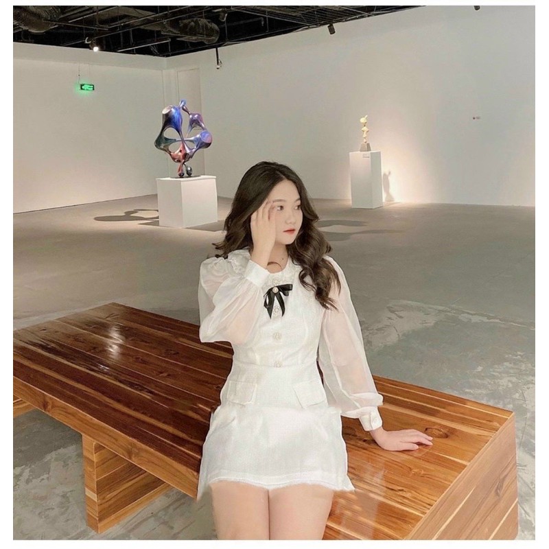 đầm trắng tay phối lưới kèm tag nơ đen chất bố quảng châu hàng loại 1 | BigBuy360 - bigbuy360.vn