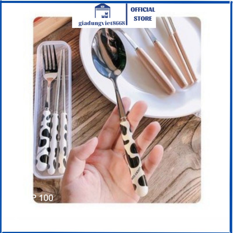 Bộ thìa dĩa đũa gỗ inox 304 có kèm vỏ hộp con bò sữa cao cấp