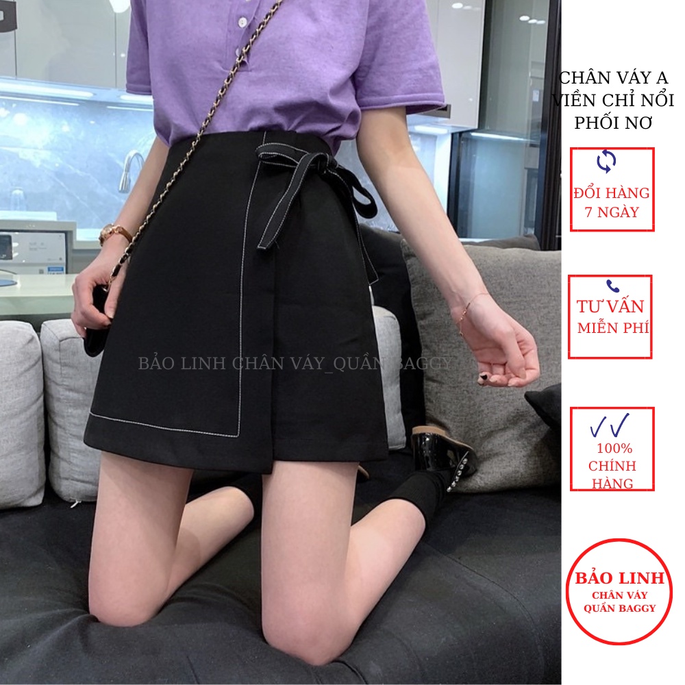Chân váy ngắn công sở đen lưng cao viền chỉ phối nơ dáng chữ A mặc đi làm đi học