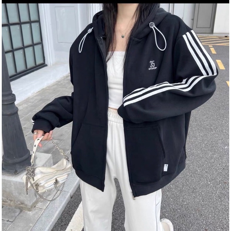 Áo Khoác Nỉ Rót Tay Thêu 35 GYUOP Unisex [FREESHIP] Hoodie zip form rộng tay bồng kiểu dáng thể thao đường phố hàn quốc