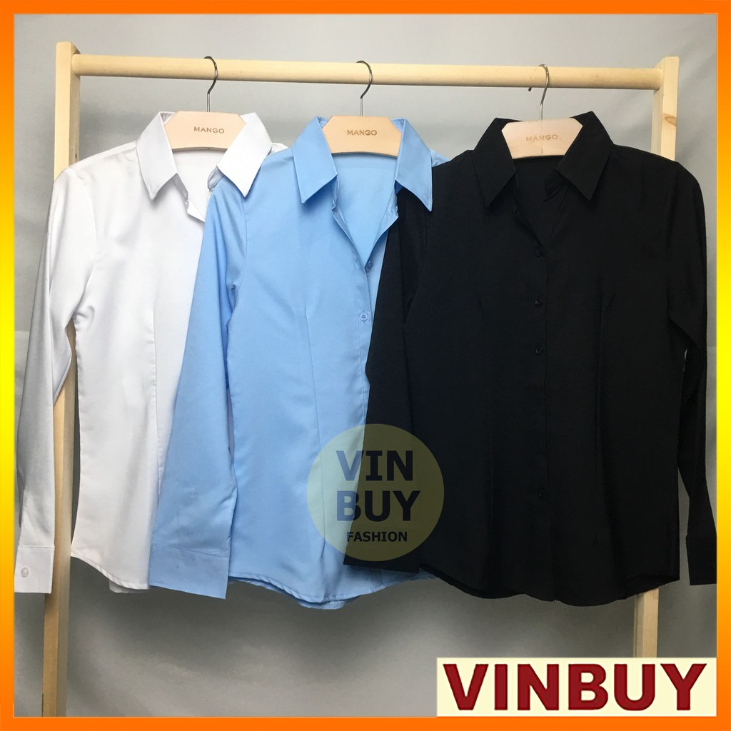 Áo sơ mi đen nữ trơn đẹp tay dài form công sở VINBUY áo ôm đẹp chất vải dày mềm mại may sắc nét không chỉ thừa