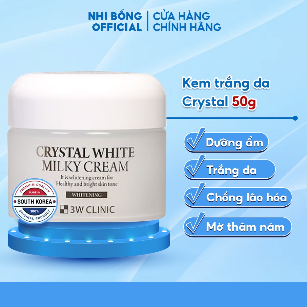 Kem Trắng Da Dưỡng Ẩm 3w Clinic Hàn Quốc Crystal White Milky Cream 50gr Giúp Da Trắng Sáng & Mềm Mịn Tự Nhiên