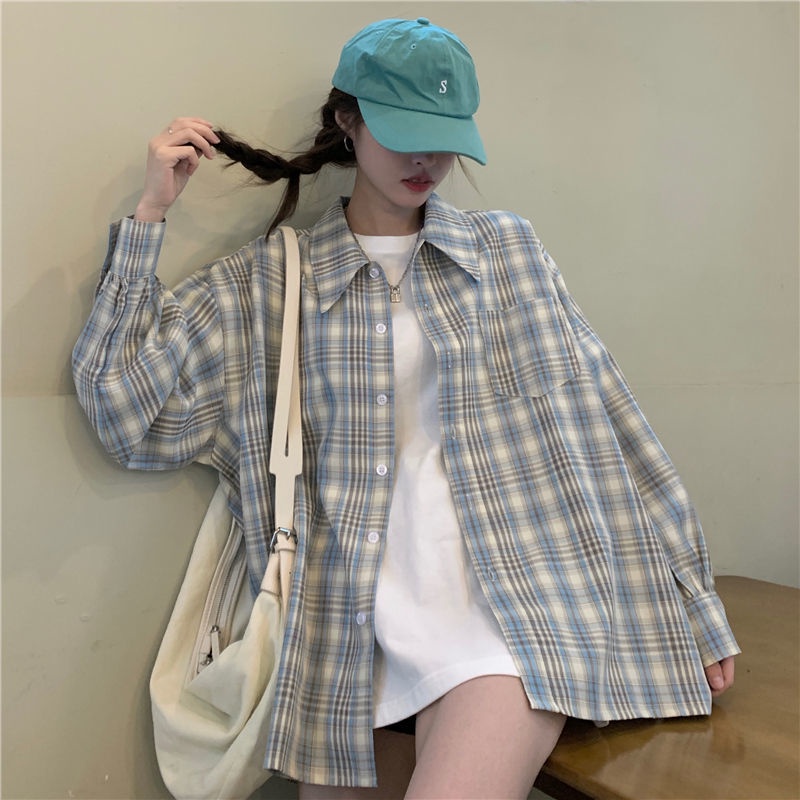 Áo Sơ Mi Caro Tay Dài Dáng Rộng Phong Cách Hàn Quốc Cho Nữ