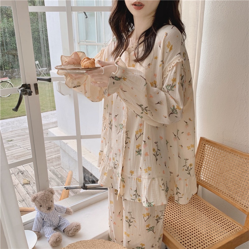 Bộ Đồ Ngủ Pijama Dài Tay Cổ Tròn In Họa Tiết Hoa Kiểu Nhật Bản Thời Trang Xuân Thu Cho Nữ DN042 Con Đỏng Đảnh
