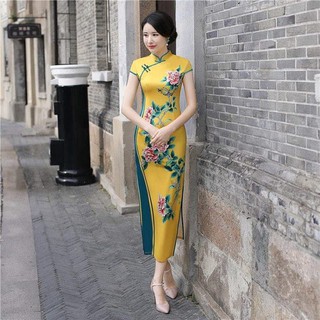 #SX108 có 2XL ĐẦM SƯỜN XÁM CỔ TÀU PHỐI MÀU IN HOA NỀN VÀNG SANG TRỌNG CÓ SIZE LỚN - HÀNG NHẬP KHẨU