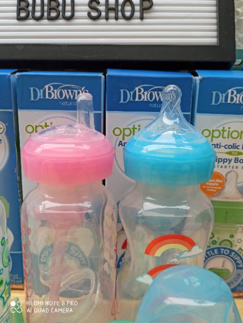 BÌNH SỮA Dr Brown's Option + 270ML núm số 3 kèm núm mỏ vịt tập uống nước cho bé từ 6 tháng