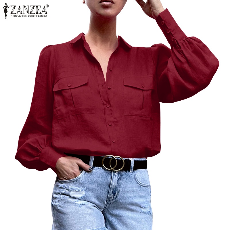 Áo sơ mi ZANZEA dành cho nữ thiết kế cổ bẻ xuống tay dài cài nút cơ bản