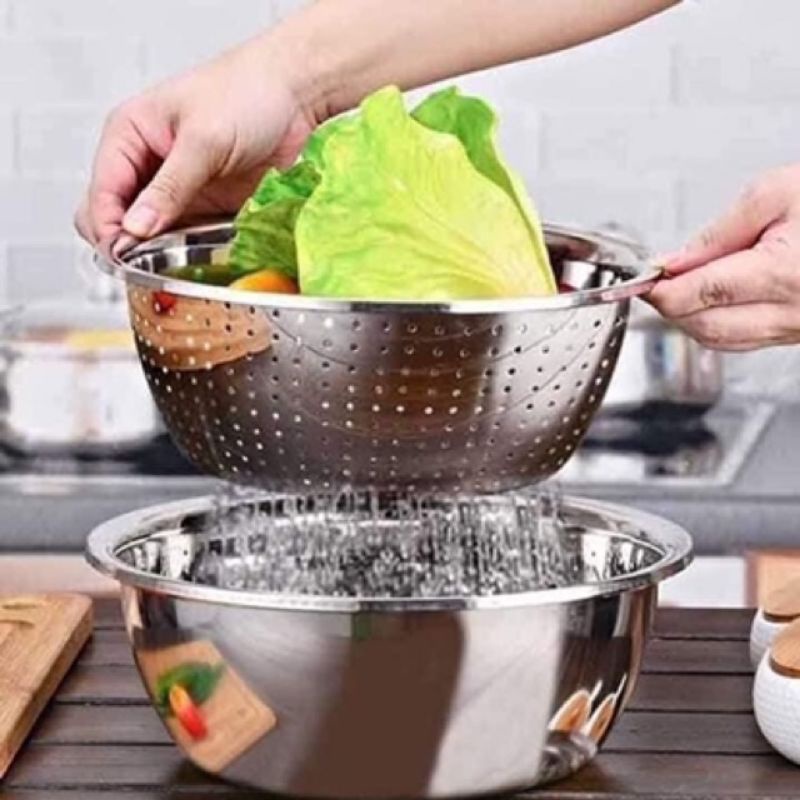 Bộ Thau Rổ Inox Không Gỉ 5 Món Tiện Dụng, Dày Dặn Có Lỗ Thoát Nước Tiện Dụng