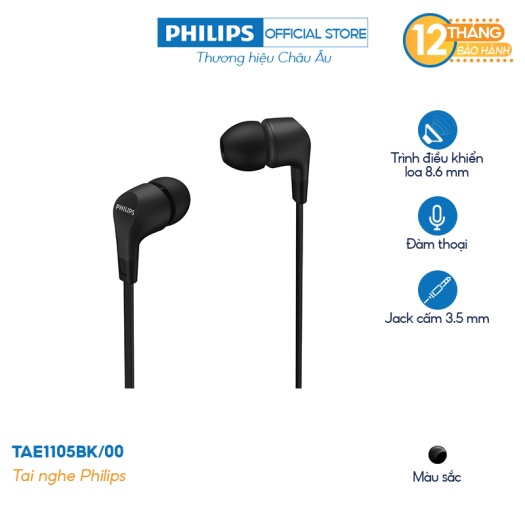 Tai nghe nhét tai Philips TAE1105BK/00 - Màu đen - Hàng Chính Hãng