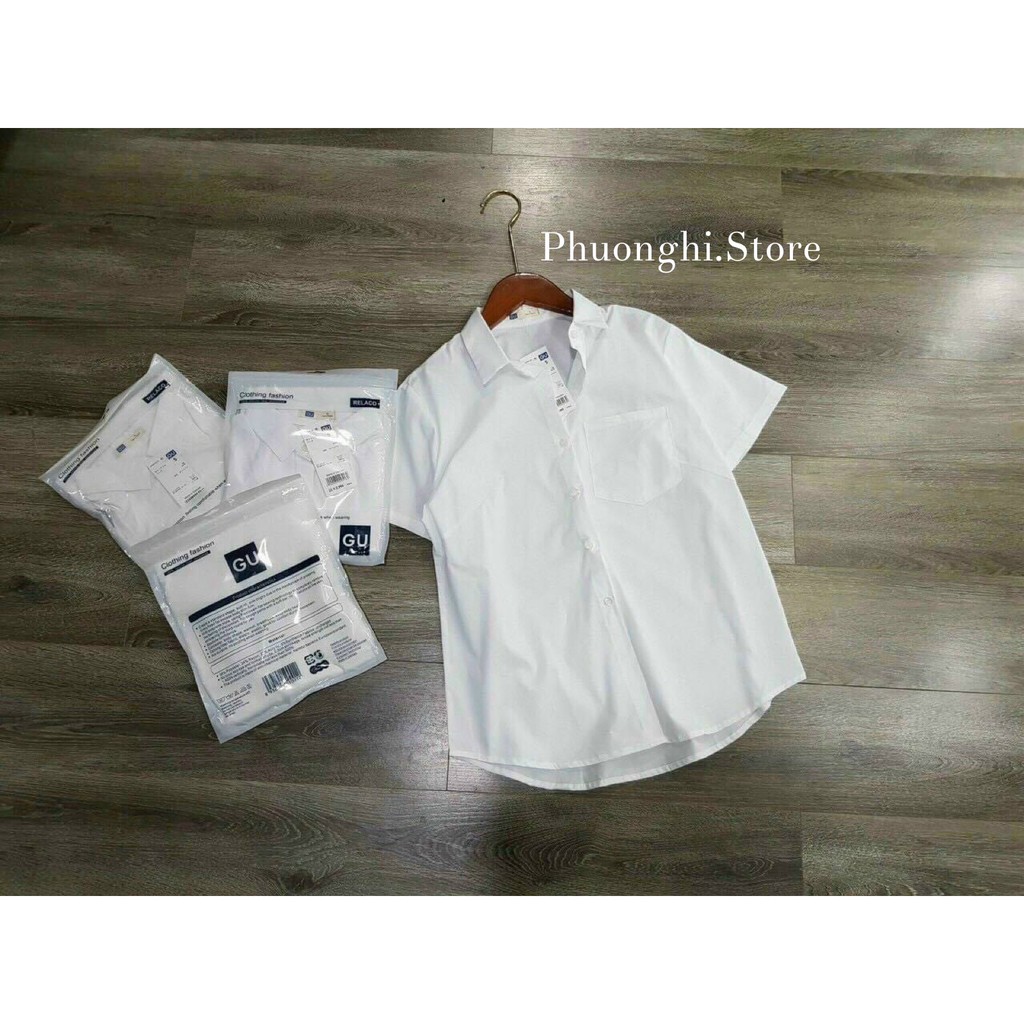 (Ảnh thật) Áo Sơ Mi Nữ Trắng Cộc Tay G.U Chất Cotton Mát Lịm Full Túi Zip Phuonghi SM1
