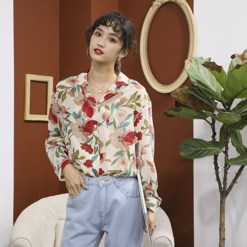 GENAISHA Áo sơ mi tay dài form rộng phong cách retro Hàn Quốc cho nữ 809