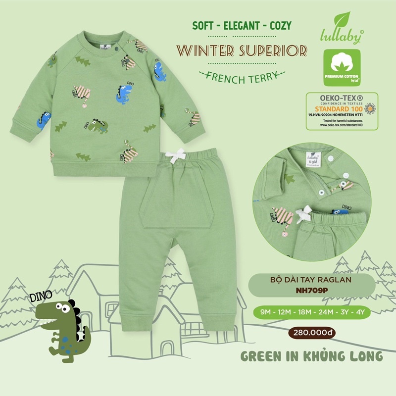 Bộ dài tay raglan Lullaby vải nỉ da cá cho bé