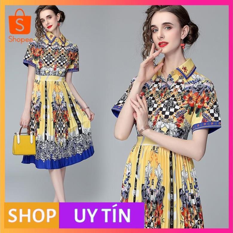 HÀNG NHẬP CAO CẤP -ĐẦM XÒE SƠ MI LỤA DẬP LY HỌA TIẾT PHỐI MÀU VÀNG XANH CAO CẤP - [MẪU ĐẸP CHẤT LƯỢNG]