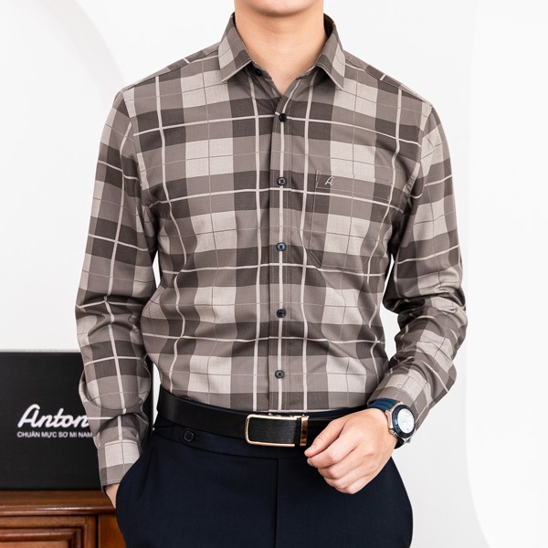 Áo Sơ Mi Nam Trung Niên Công Sở Anton Somianton Dài Tay Màu Nâu Vải Sợi Tre Kẻ Caro - AC135