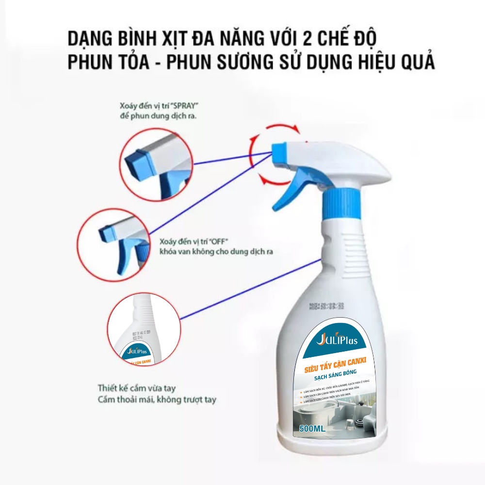 Tẩy cặn canxi nhà tắm Juli Plus, Tẩy rửa nhà vệ sinh vách kính chậu vòi INOX bếp ga. Chai 500ML