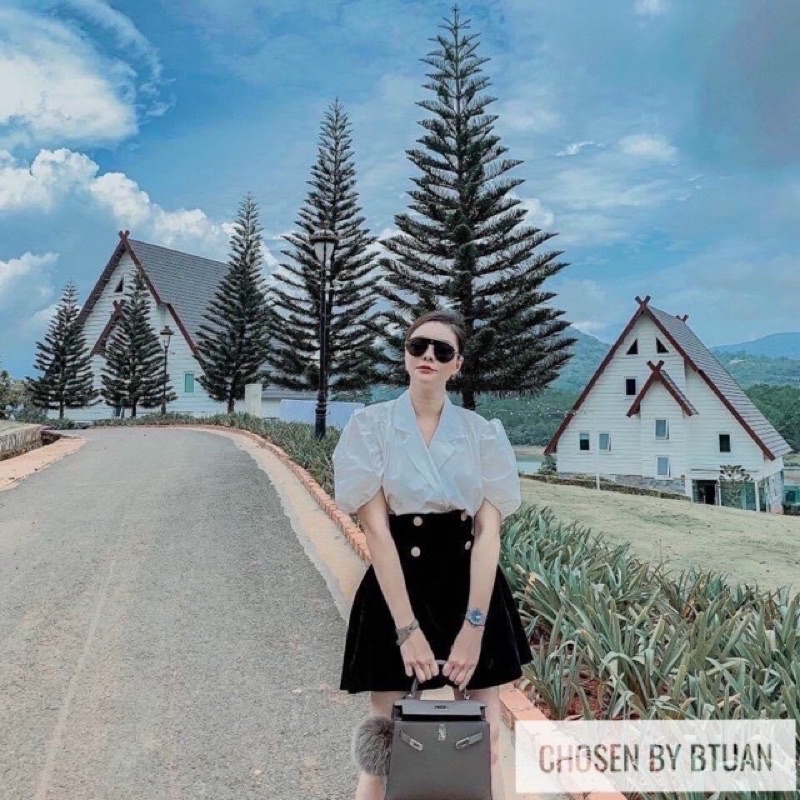Quần short nhung 4 khuy dáng váy- xoè dáng rộng nâng chân dài