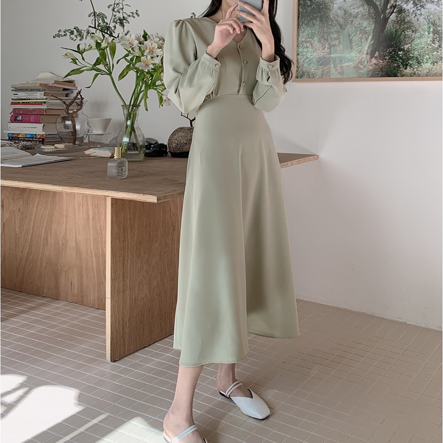 Đầm midi SUXI dài tay cổ chữ V đơn giản thời trang mùa hè cho nữ