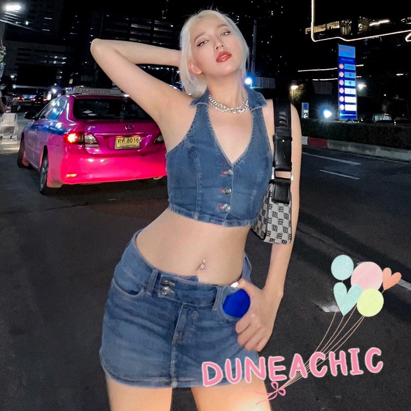 Bộ Áo Tank Top Hở Lưng + Chân váy jean Lưng Cao Phối Nút Cá Tính Cho Nữ