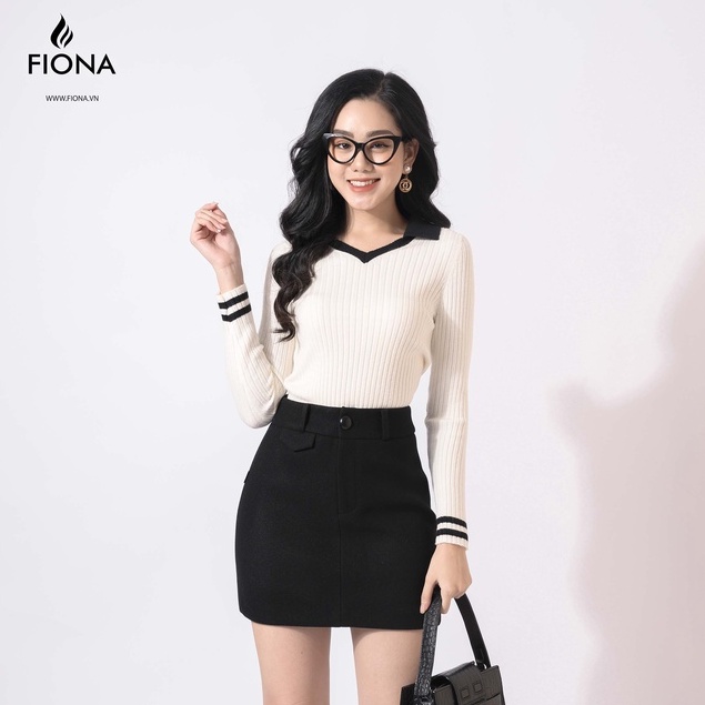 Chân váy dạ dáng A ngắn FIONA, chân váy công sở thu đông trang trí nắp túi, màu đen F250503